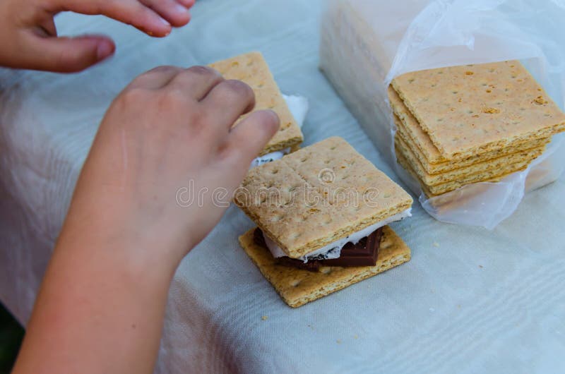 Smore, een heerlijk snoepje behandelt met geroosterde heemst, de cracker van Graham en chocolade stock fotografie Smore, een heerlijk snoepje behandelt met geroosterde heemst, de cracker van Graham en chocolade stock fotografie