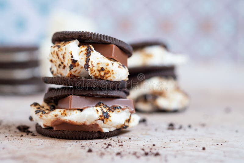 Smores do marshmallow com cookies do chocolate imagem de stock royalty free Smores do marshmallow com cookies do chocolate imagem de stock royalty free