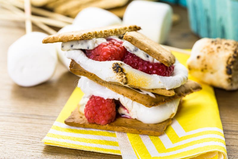 Smores with white chocolate and fresh raspberries. Raspberry basket stock images, royalty-free photos and pictures