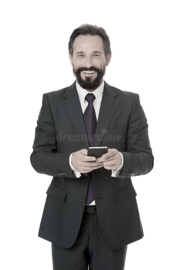 SMS marketing. Happy boss text sms isolated on white. Texting SMS message via smartphone. Sms messaging. Short message royalty free stock photo