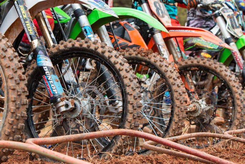 Smutscykelgummihjul uppställda på starten av motocrossloppet royaltyfri bild Smutscykelgummihjul uppställda på starten av motocrossloppet royaltyfri bild