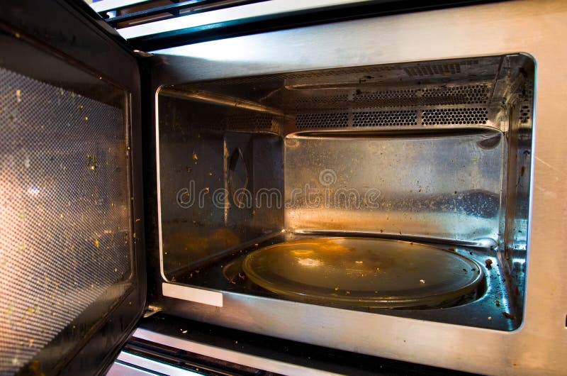 Close up of a functional but dirty microwave oven,. Close up of a functional but dirty microwave oven,