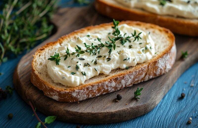 Smântână acră și cimbru presat pe fond albastru rustic proaspăt de pâine stock photography