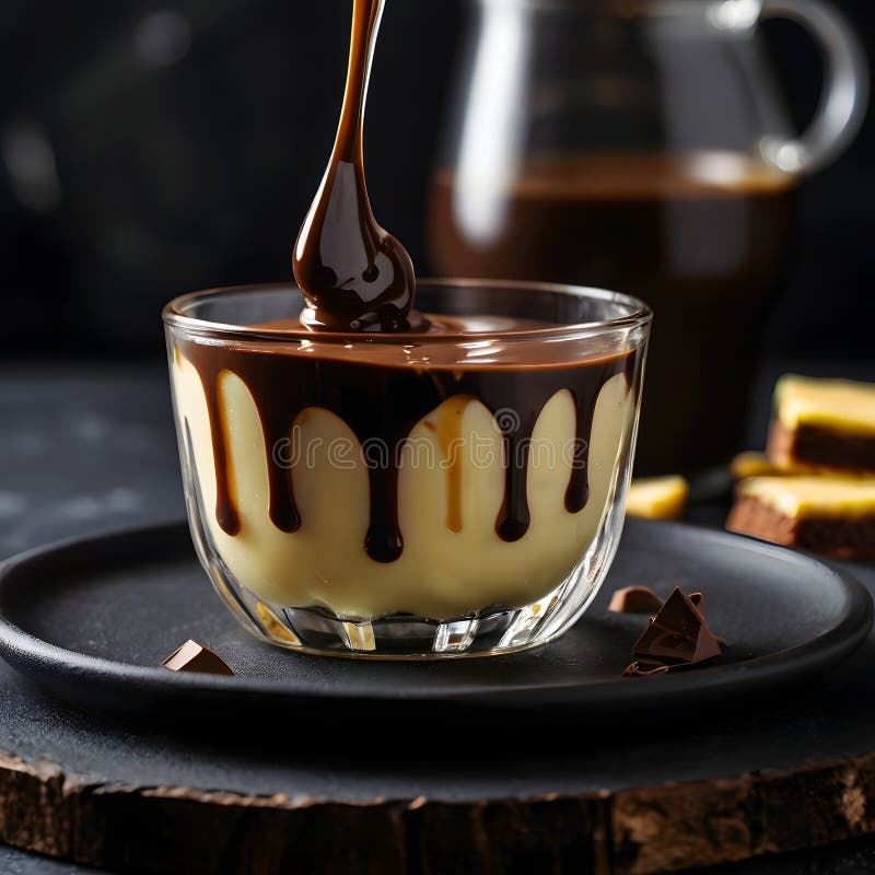 Smält choklad som hälls i glas av vaniljgräddefterrätt stock illustrationer