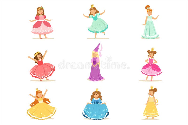 Små flickor i prinsessan Costume In Crown och maskeradkläderuppsättningen av gulliga ungar som kläs som kunglig personillustratio royaltyfri illustrationer Små flickor i prinsessan Costume In Crown och maskeradkläderuppsättningen av gulliga ungar som kläs som kunglig personillustratio royaltyfri illustrationer