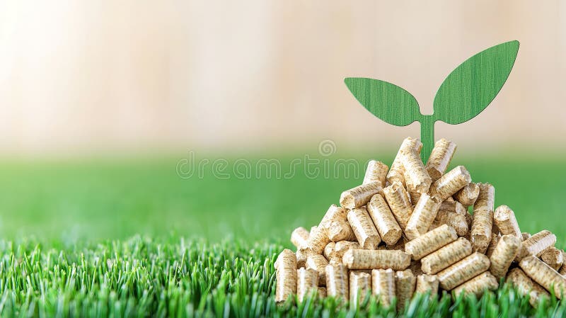 Små grönsaksprout kommer från en blandning av träpellets på lush grön gräsbakgrund royaltyfri illustrationer
