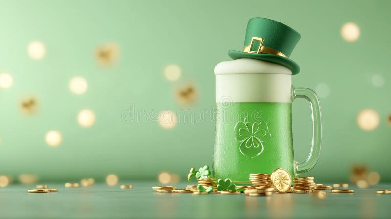 Små leprechaun som håller en mug av grönt öl som dekoreras med guldmynt och schampor för festfirande royaltyfri foto