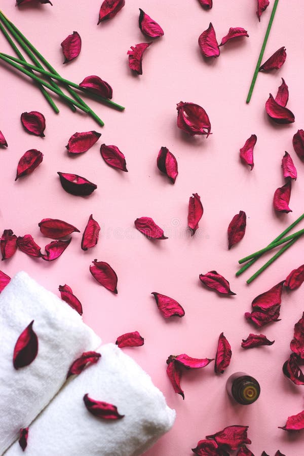 Små vita handdukar och magentafärgat potpurri på rosa bakgrund royaltyfria bilder Små vita handdukar och magentafärgat potpurri på rosa bakgrund royaltyfria bilder