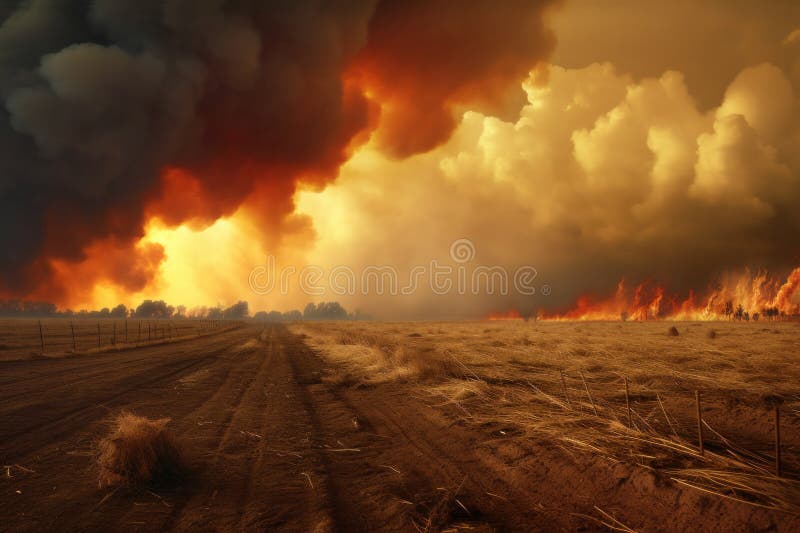 Småbränder ramper över ett torrt jordbruksfält, skyltablaze och smokefylld under dramatisk himmel. generativ ai stock illustrationer
