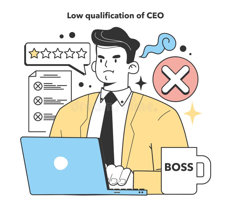 Low qualification of CEO. Frustrating and irritating factor about starting and developing a small, local business. Potential failure and difficulties. Flat Vector Illustration. Low qualification of CEO. Frustrating and irritating factor about starting and developing a small, local business. Potential failure and difficulties. Flat Vector Illustration