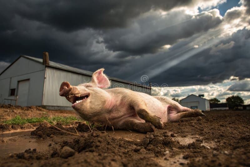 Smågrisar har en glad rulle i grumliga puddles på en gård under ett dramatiskt himmel vektor illustrationer