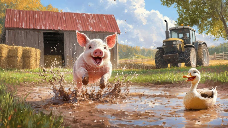 Smågrisar ut i rött puddle med ankor nära rustik och traktor vektor illustrationer