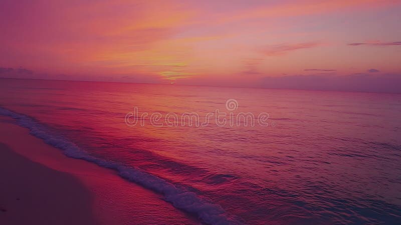 Småmålningsskyn i rosa, orange lila hues waves mjukt kyss sandstrand under. stock illustrationer