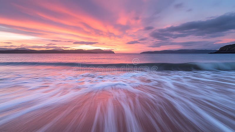 Småmålningsskyn i rosa, orange lila hues waves mjukt kyss sandstrand under. stock illustrationer
