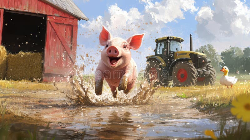 Småsklickande i en grumlig puddle nära den rustiska gården med traktor och hö ladue vektor illustrationer