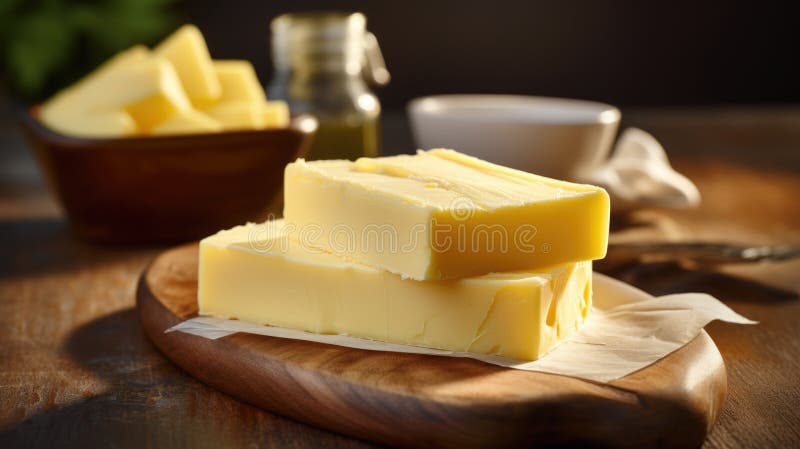 Smörets block på träskivor. AI genererad. Smöret på en AI-framkallad bild av träskivor.