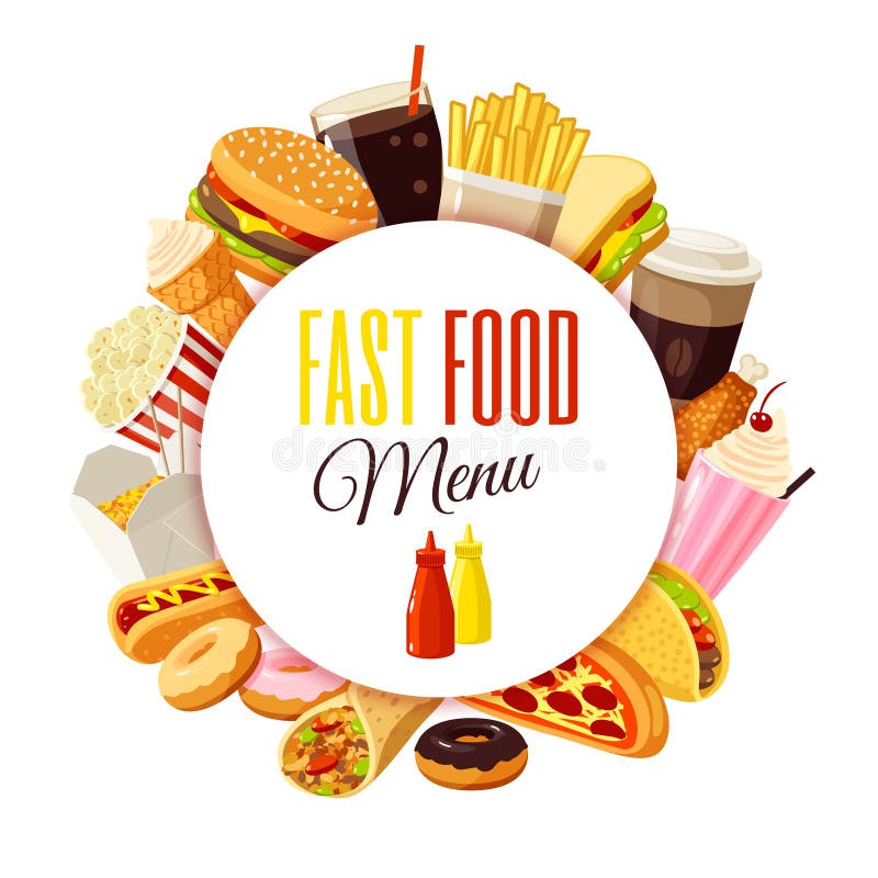 'Snabbmatmeny' etikett med hamburgaren, fransmansmåfiskar, kaffe, smörgås, popcorn, glass, pizza, taco och så royaltyfri illustrationer 'Snabbmatmeny' etikett med hamburgaren, fransmansmåfiskar, kaffe, smörgås, popcorn, glass, pizza, taco och så royaltyfri illustrationer