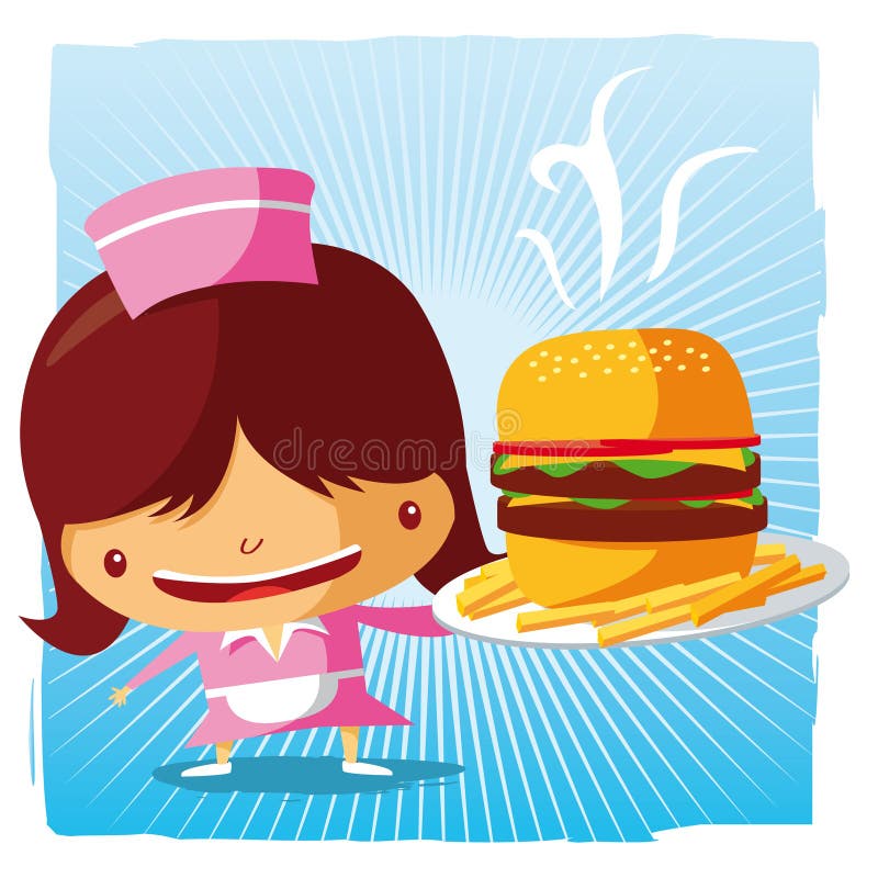 A waitress serves a burger with french fries. A waitress serves a burger with french fries