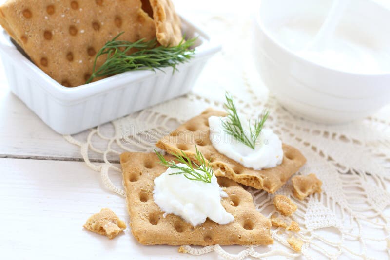 Snack Crackers with Cream Cheese and Dill Stock Image Image of