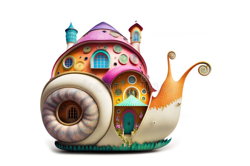 Snail Shell as a fairy house with bright accents on White Background. AI generative