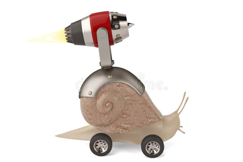 Snail and Wheels with Jet Engine on White Background.3D Illustration