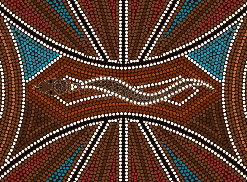 A illustration based on aboriginal style of dot painting depicting snake. Australian aboriginal border vectors