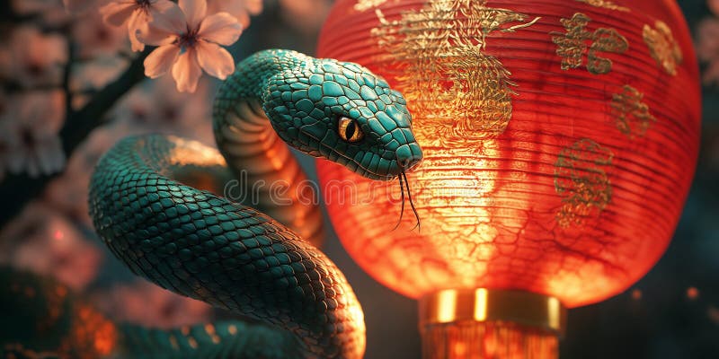 A snake coils up next to a red lantern. Chinese Lunar New Year concept stock illustration