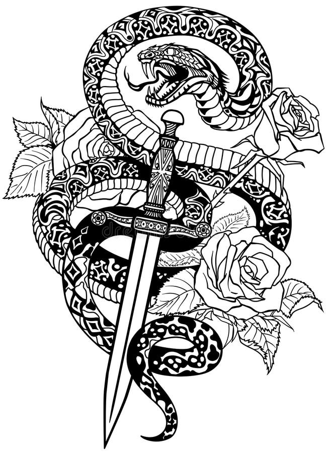 Snake, dagger and roses black and white tattoo royalty free illustration.