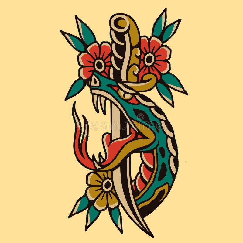 Snake Head Wrapped Around Knife and Rose Vector Design Stock Vector