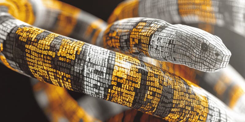 Snake made of binary code consisting of an array of numbers and digital symbols stock photos