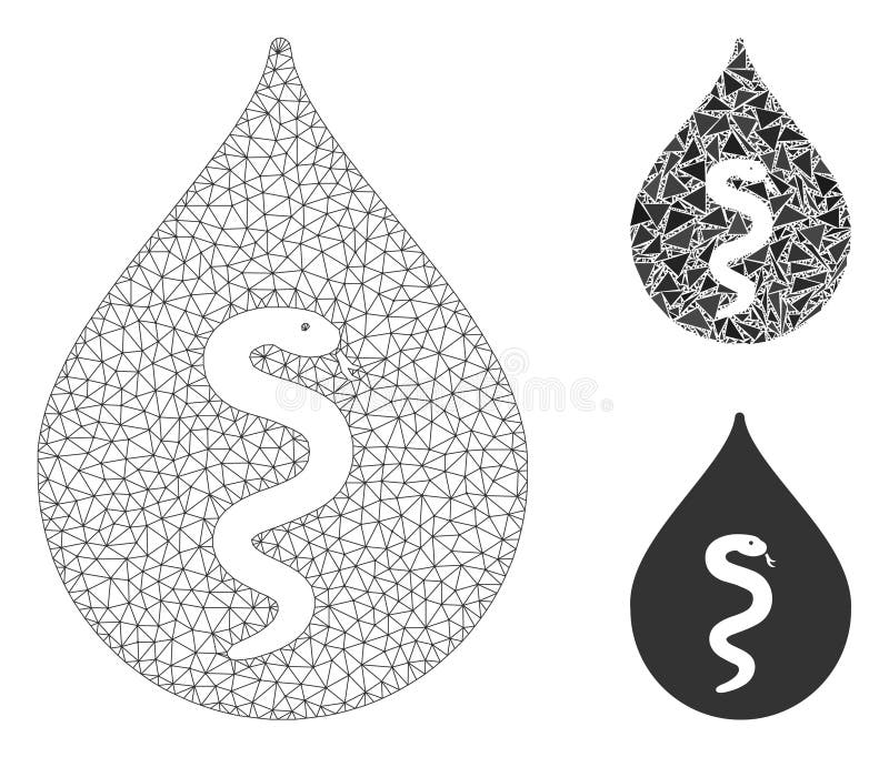 Snake Oil Vector Mesh Wire Frame Model and Triangle Mosaic Icon. Mesh snake oil model with triangle mosaic icon. Wire frame triangular mesh of snake oil. Vector mosaic of triangle parts in variable sizes, and color hues. Abstract 2d mesh snake oil