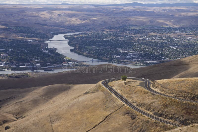 Aerial view over the Snake River and the adjoining cities of Lewiston, Idaho and Clarkston, Washington. Aerial view over the Snake River and the adjoining cities of Lewiston, Idaho and Clarkston, Washington