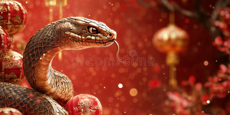 A snake is shown on a red background with red and gold trim. Chinese lunar new year concept vector illustration