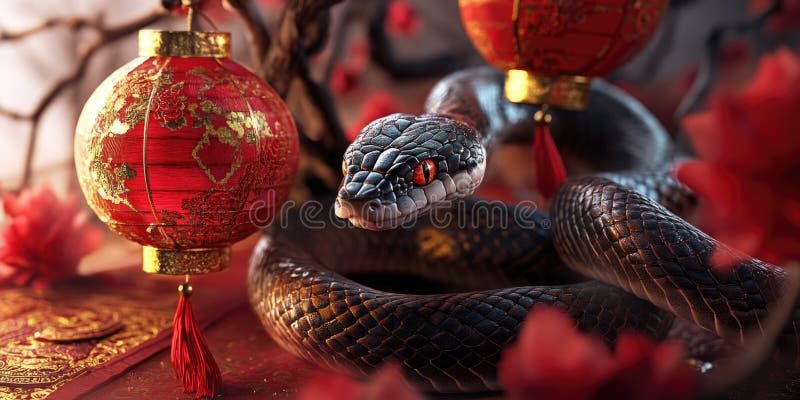 A snake is shown in a red and gold setting stock images