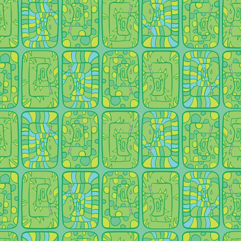 Snake Endless Pattern. Cartoons Hand Drawn Green Yellow Amphibia Art