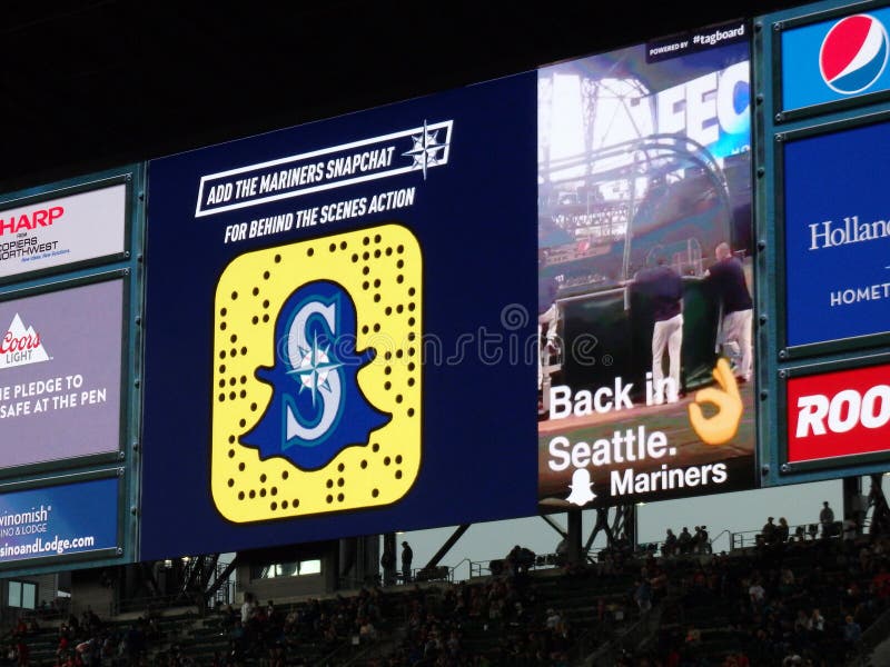 Snapchat ad on screen in bleachers at Safeco Field