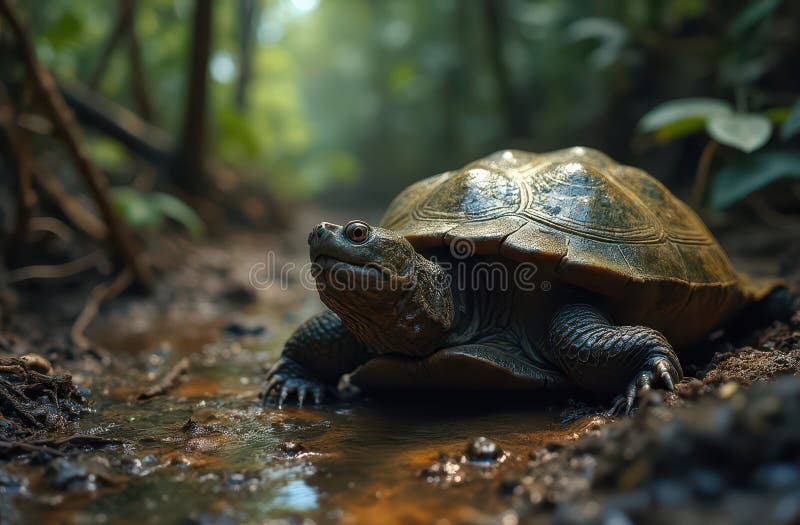 A snapping turtle crossing a muddy path in a dense rainforest with roots and vines Generative AI.