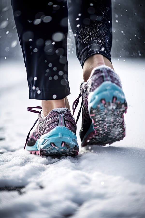 Sneaker Feet Walking on Thick Snow for Winter Exercise Concept. Stock ...