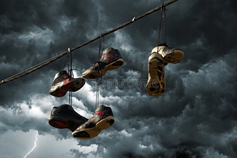 Sneakers Hanging on a Telephone Line Stock Photo Image of lost