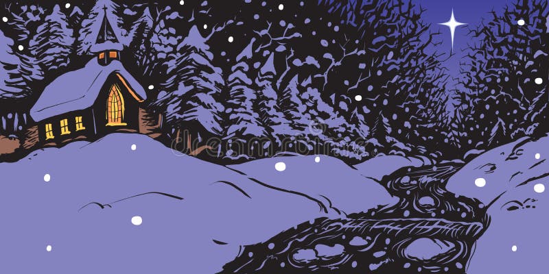 Sneeuw de winteravond met kerk en kreek royalty-vrije illustratie Sneeuw de winteravond met kerk en kreek royalty-vrije illustratie
