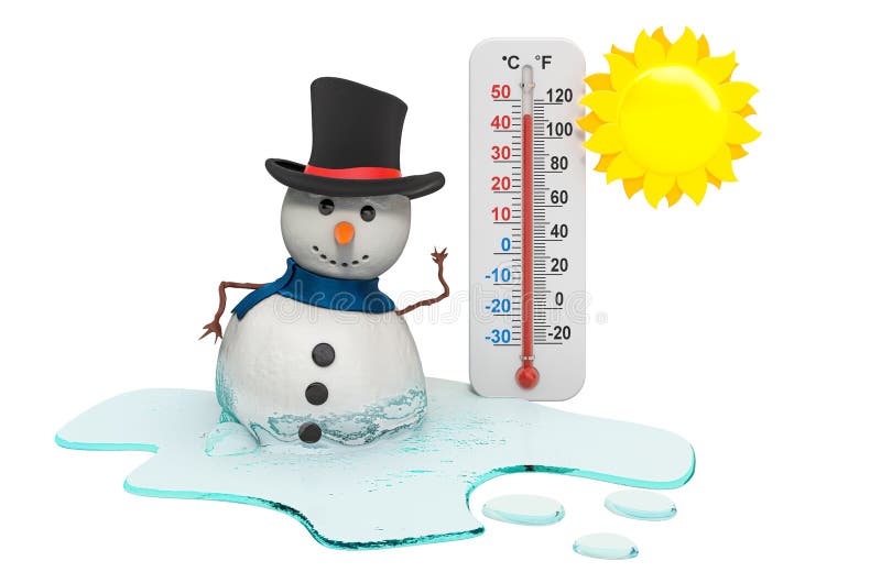 Global warming, melting snowman with thermometer and sun. 3D rendering isolated on white background. Global warming, melting snowman with thermometer and sun. 3D rendering isolated on white background