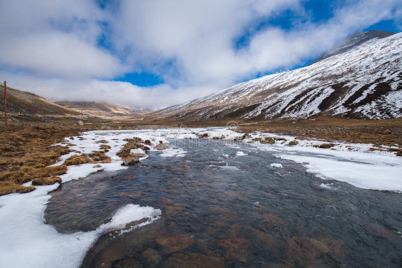 Sneeuwvlok naast Rivier van de smelting van het sneeuwijs op berglandschap stock afbeelding Sneeuwvlok naast Rivier van de smelting van het sneeuwijs op berglandschap stock afbeelding