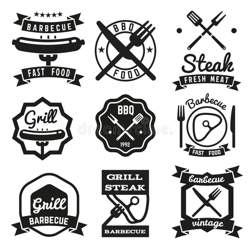 Snel voedsel, BBQ, barbecue uitstekende vectoremblemen stock illustratie Snel voedsel, BBQ, barbecue uitstekende vectoremblemen stock illustratie