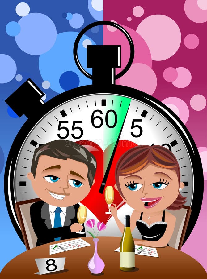 Bob and Meg first meeting in a speed dating. Illustration featuring Bob and Meg having a drink at table eight in foreground and a big chronometer with a red heart in the centre in background. You can find other illustrations featuring these characters in my portfolio. EPS file is available. Bob and Meg first meeting in a speed dating. Illustration featuring Bob and Meg having a drink at table eight in foreground and a big chronometer with a red heart in the centre in background. You can find other illustrations featuring these characters in my portfolio. EPS file is available.