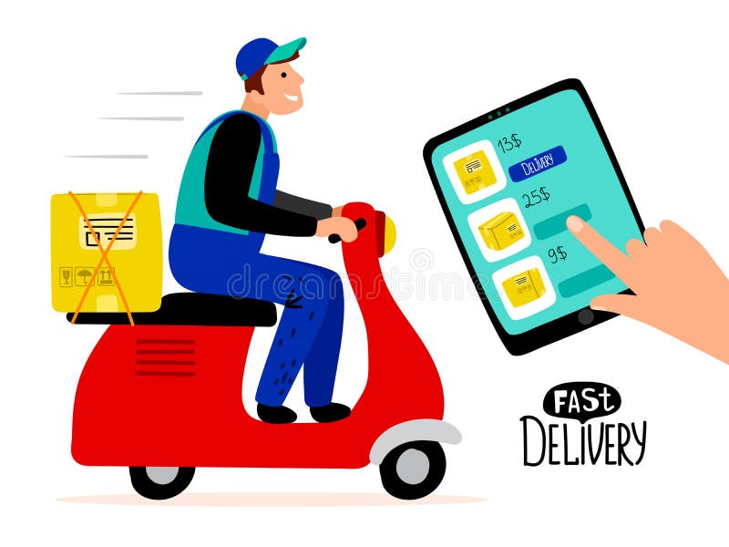 Fast paid delivery vector concept. Delivery man drive scooter illustration. Fast delivery, drive scooter with package. Fast paid delivery vector concept. Delivery man drive scooter illustration. Fast delivery, drive scooter with package