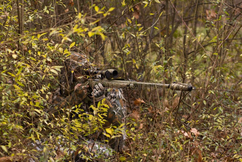 A Camouflaged Sniper Sitting In The Woods Aiming Through His Scope Stock  Photo, Picture and Royalty Free Image. Image 42659284.