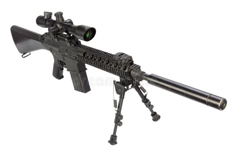 Sniper Rifle with Bipod and Silencer Isolated Stock Image - Image of