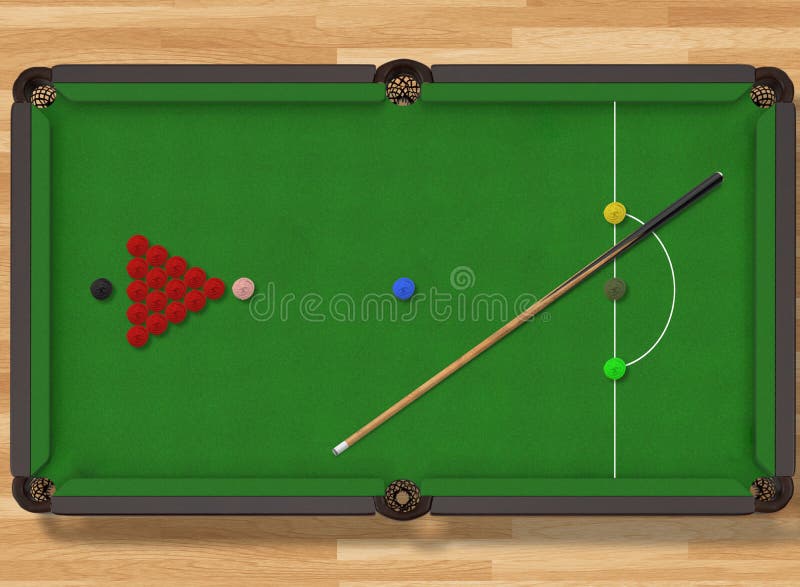 Snooker table with balls and cue