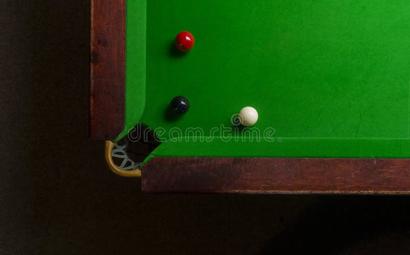 Snooker table top view with snooker balls on green