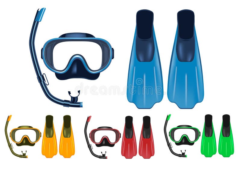 Snorkel măști și finisare 3d realiste, cu culori diferite pentru scufundări și activități de scufundare gratuită vector illustration